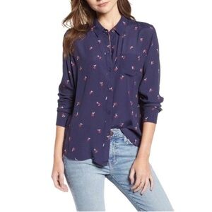 Bass Navy Blue Red Print Long Sleeve Blouse XS